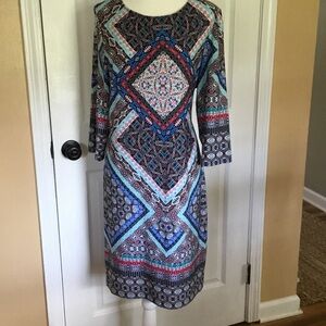 Geometric Boho inspired Print Long-Sleeve Midi Dress in Blue and  Coral Pink